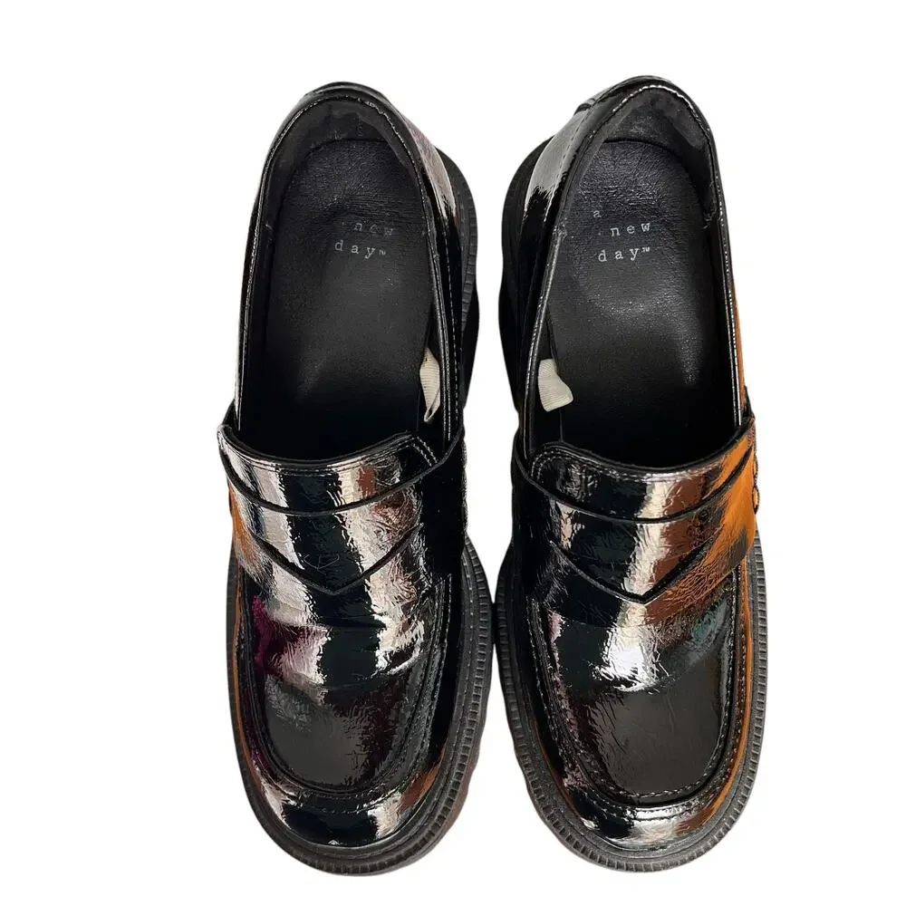 Womens Y2K Goth Chunky Loafers Sz 9 Black Patent Vegan Leather Lug Sole Platform